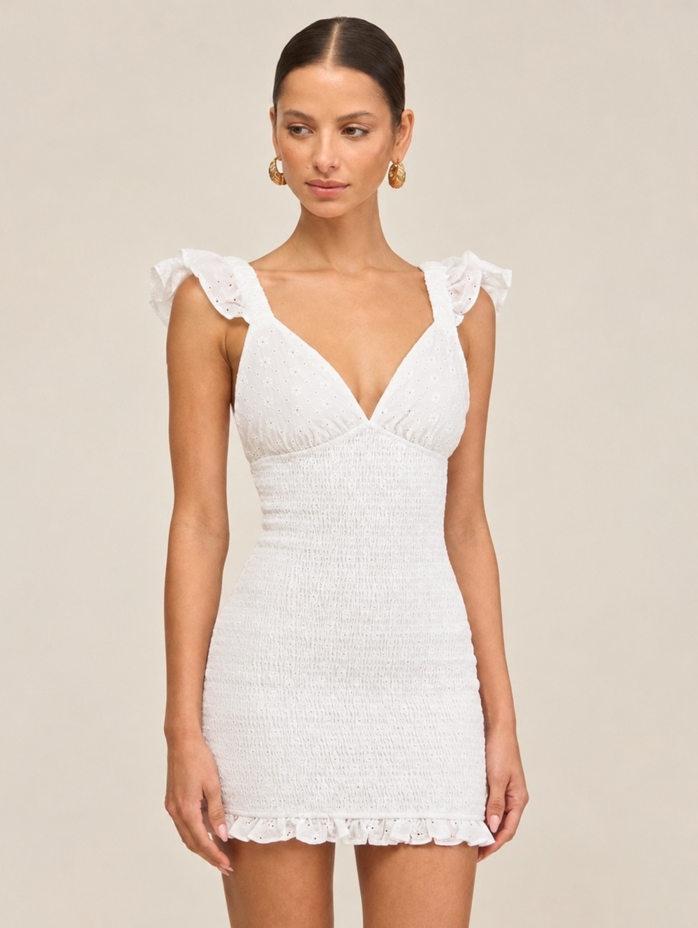 Mable White Eyelet Smocked Mini Dress Ruffle Strap Size Small NWT